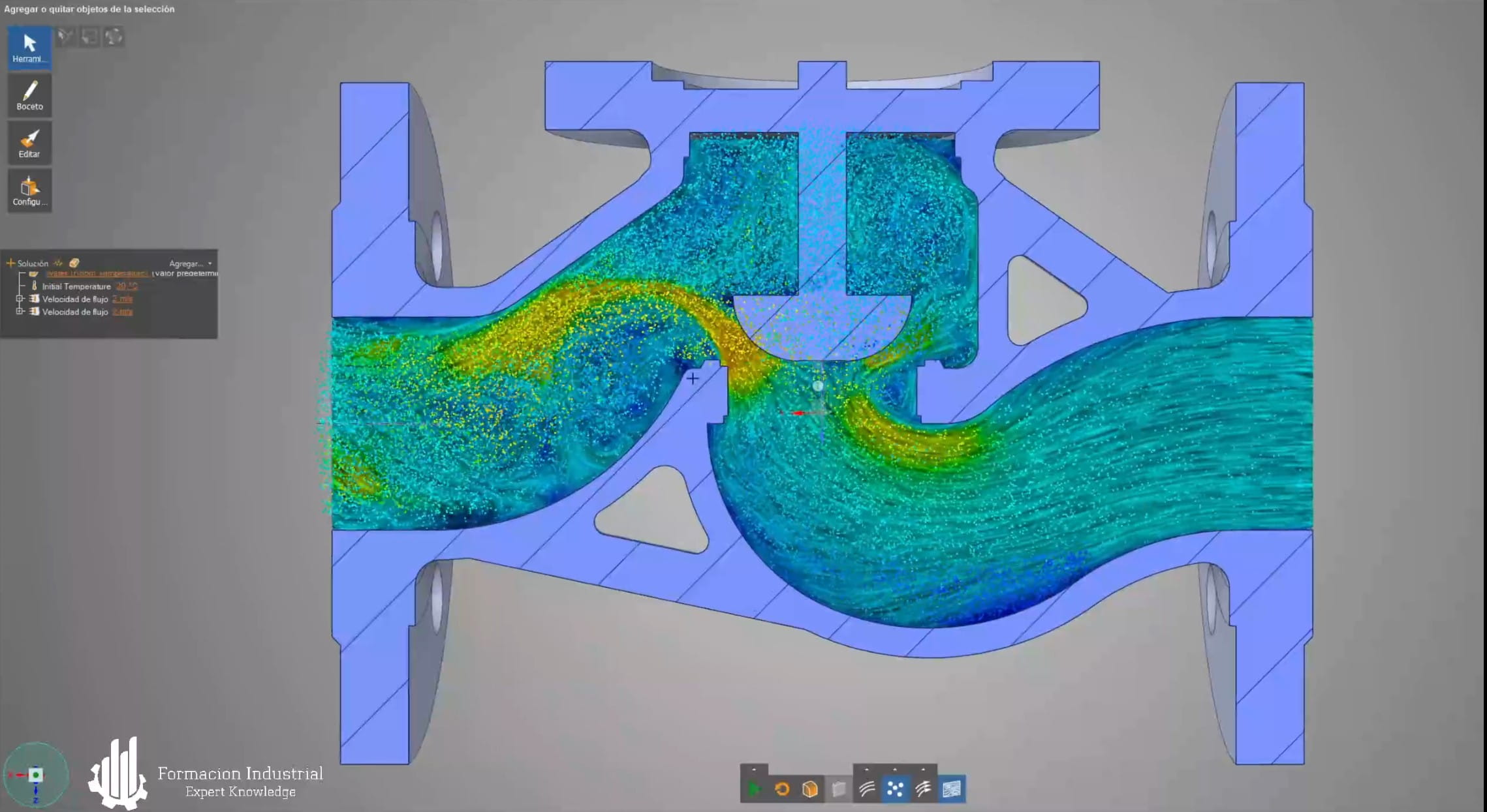 Infografía detallada de simulación de válvulas de globo en CFD mostrando flujos y presiones