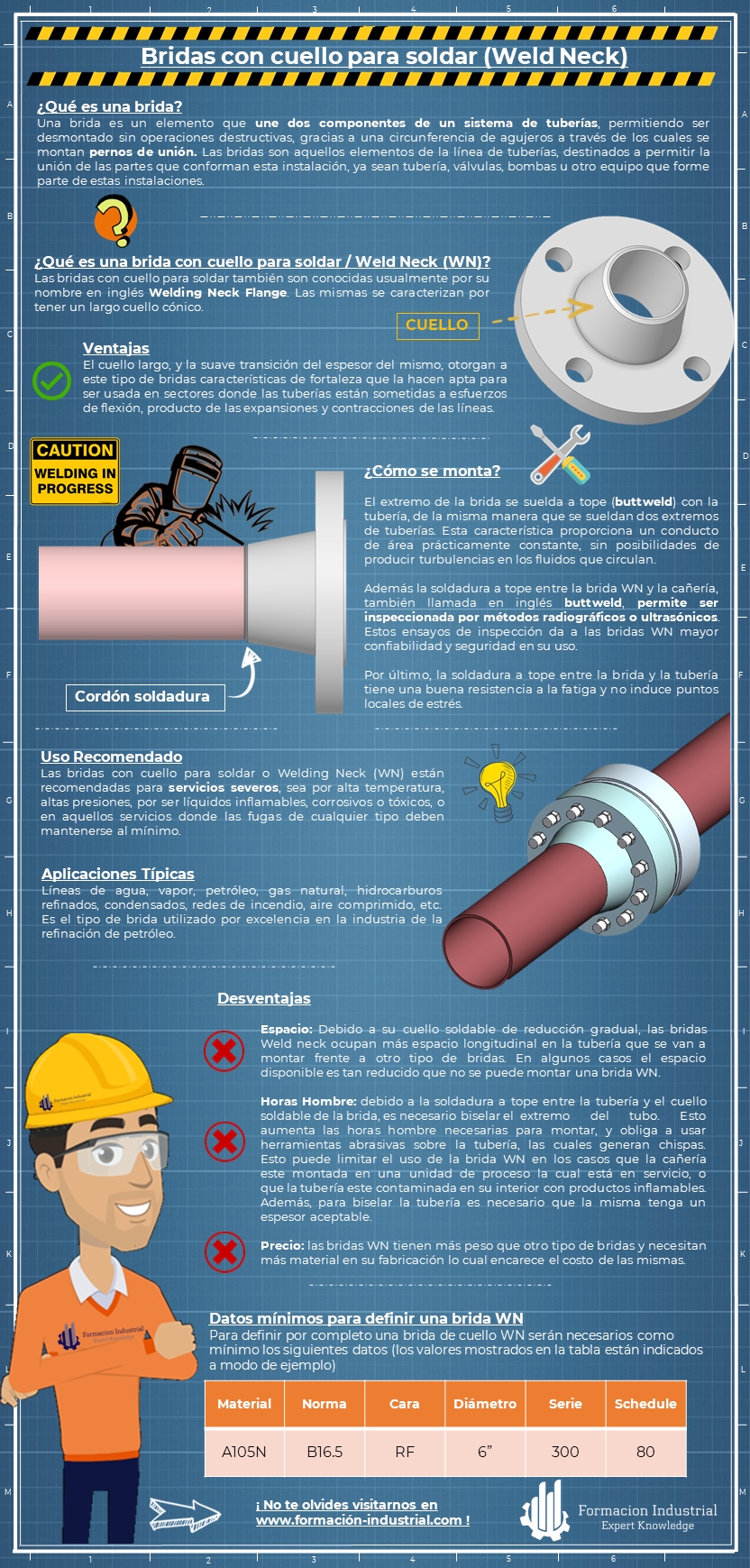 Infografía explicativa de las bridas weld neck y su importancia en sistemas de tuberías industriales