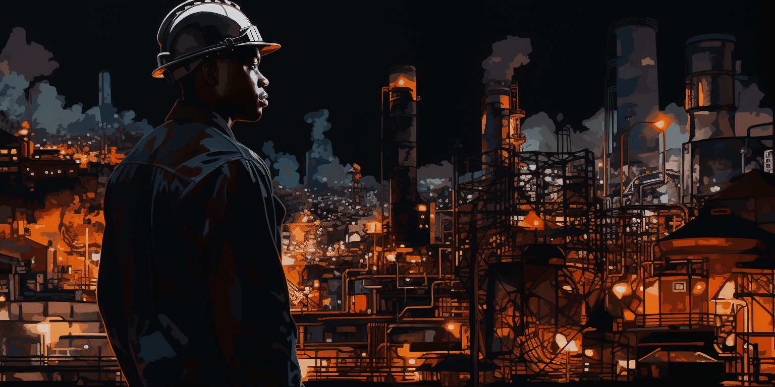 Imagen de un profesional con casco de obra mirando una refinería al horizonte, representando la capacitación técnica industrial y la exploración de oportunidades en el sector industrial.